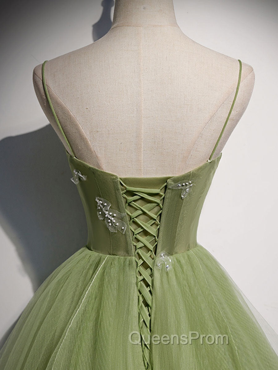 Aline Tulle Green Long Evening Prom Dress, Green Evening Graduation Dress with Beading