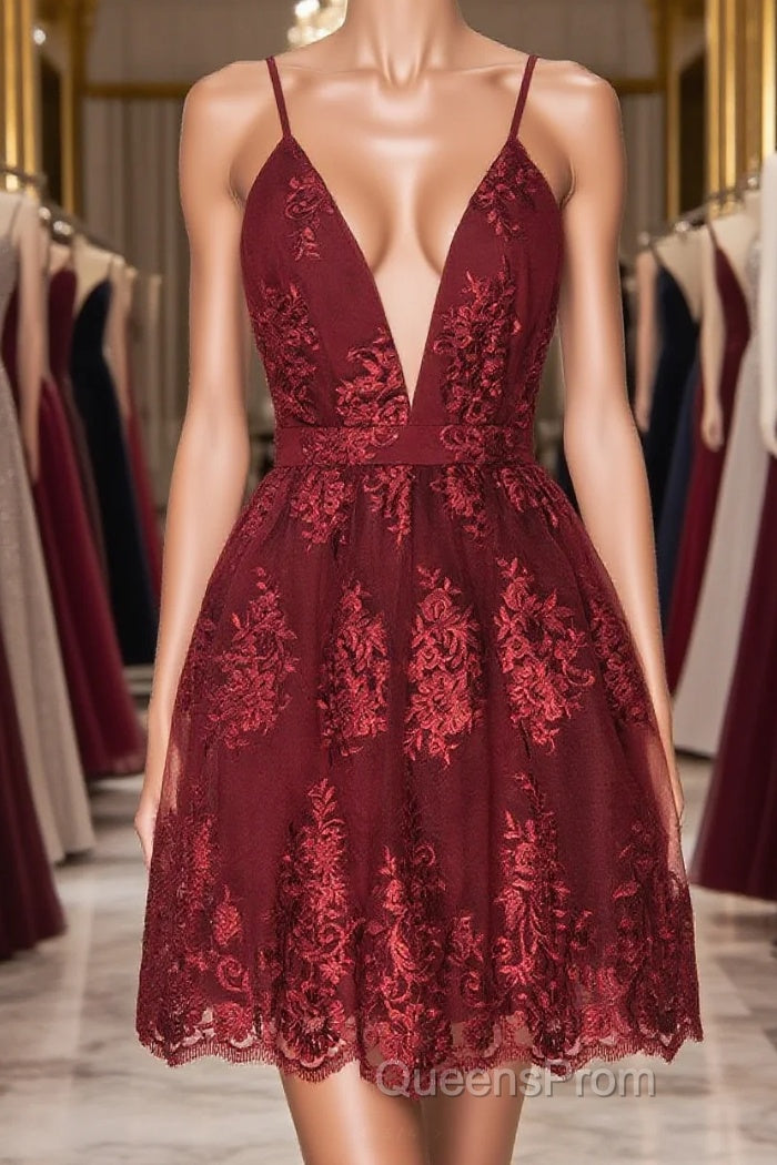 Aline v neck tulle lace short burgundy Evening Prom Dress, backless burgundy homecoming Dress Main image
