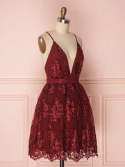 Aline v neck tulle lace short burgundy Evening Prom Dress, backless burgundy homecoming Dress