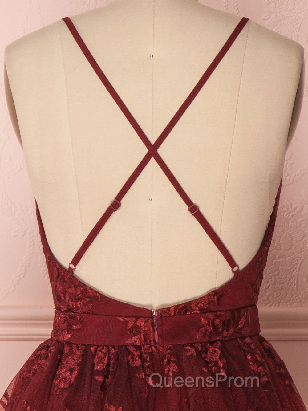 Aline v neck tulle lace short burgundy Evening Prom Dress, backless burgundy homecoming Dress