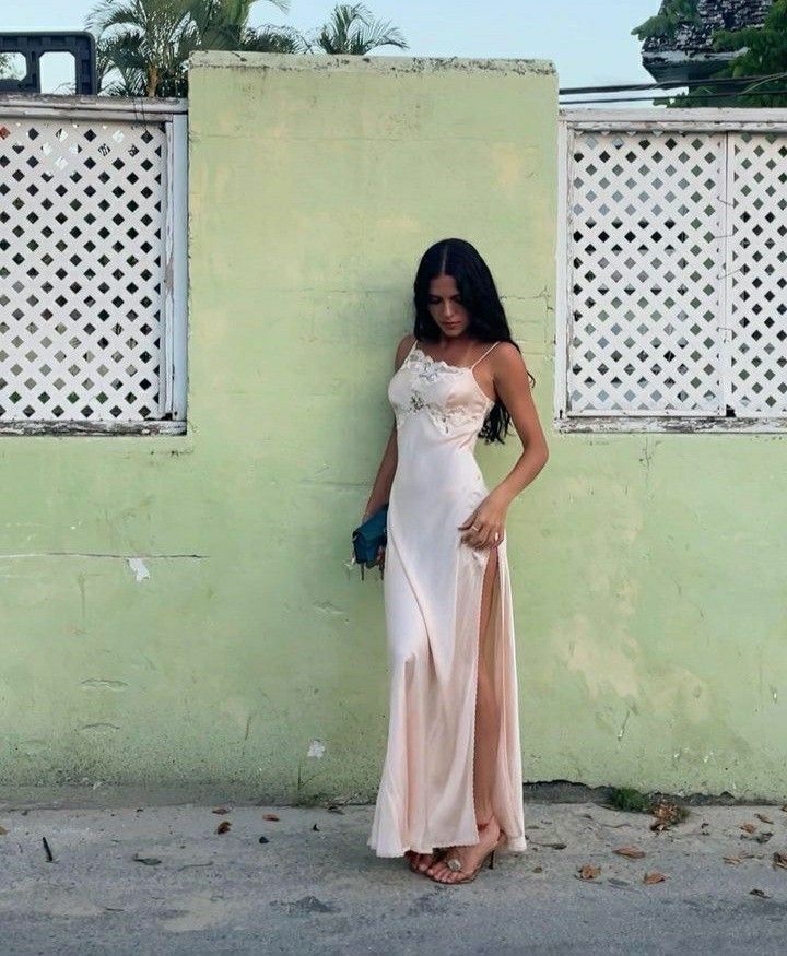 Simple A Line Spaghetti Strap Lace Satin Party Dress Wedding Guest Dress With Slit Secondary image