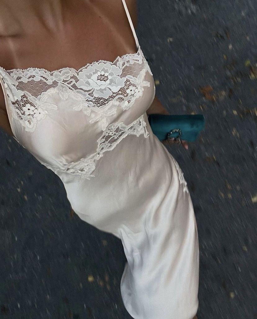Simple A Line Spaghetti Strap Lace Satin Party Dress Wedding Guest Dress With Slit