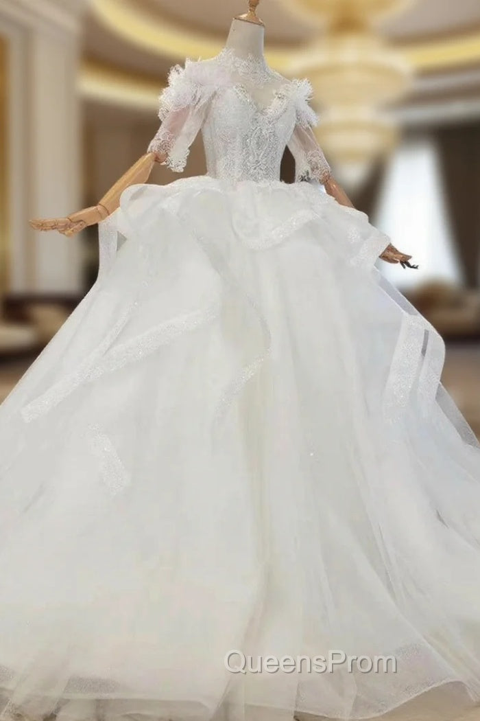 Always Remember Wearing White Tulle Lace Short Sleeve High Neck Backless Wedding Dress