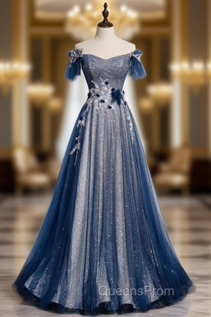 Amazing Blue Tulle Sequins Off the Shoulder Beading Evening Prom Dress
