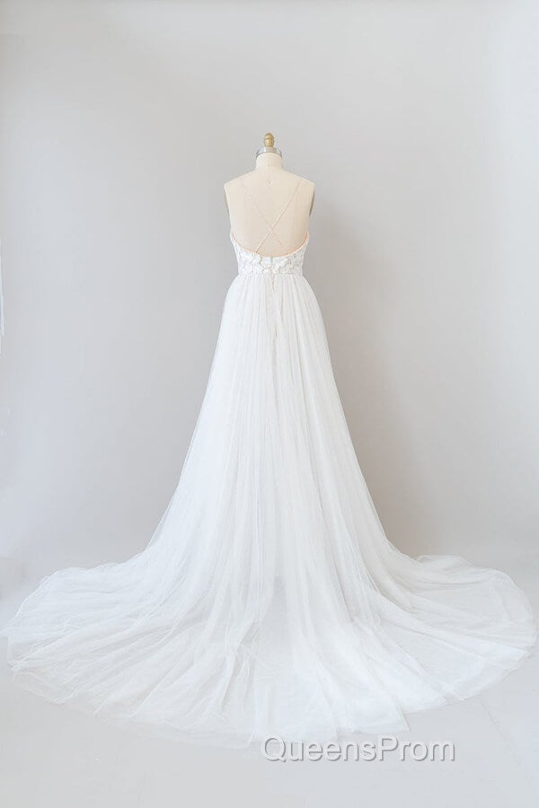 Amazing Long A-line Chapel Train Appliques Tulle Backless Wedding Dress Secondary image
