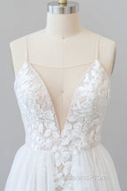 Amazing Long A-line Chapel Train Appliques Tulle Backless Wedding Dress