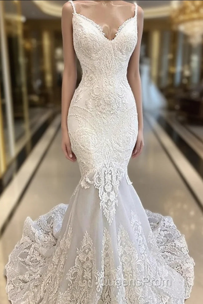 Amazing Long Mermaid Appliques Tulle Backless Wedding Dress Main image