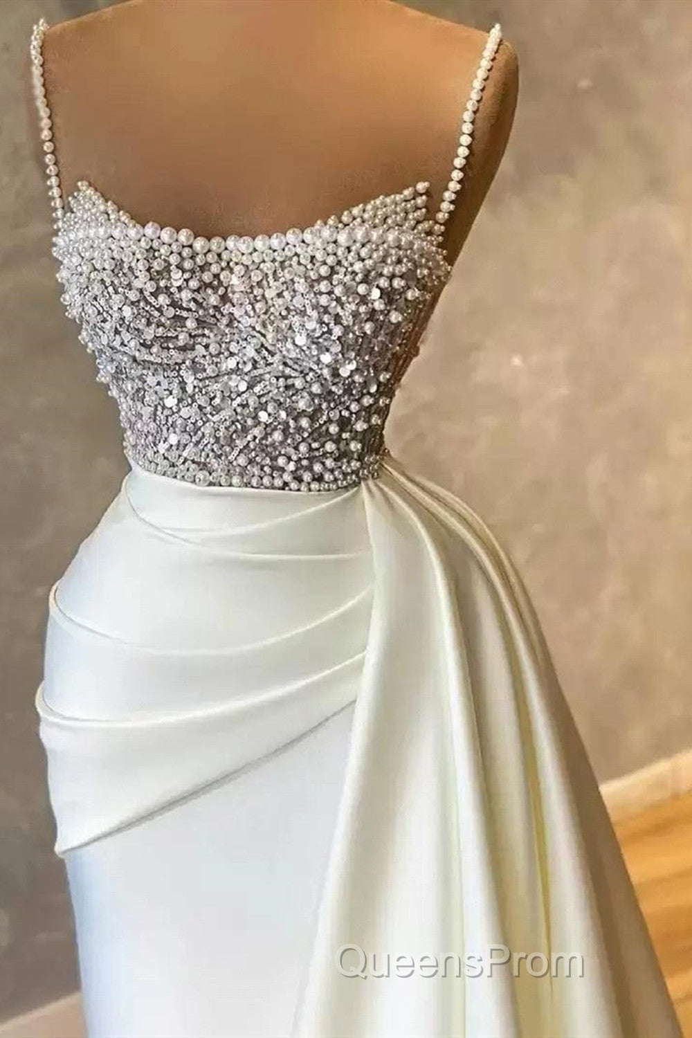 Amazing Long Mermaid Strapless Sequins Pearls Satin Formal Evening Prom Dress Secondary image