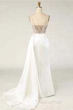 Amazing Long Mermaid Strapless Sequins Pearls Satin Formal Evening Prom Dress