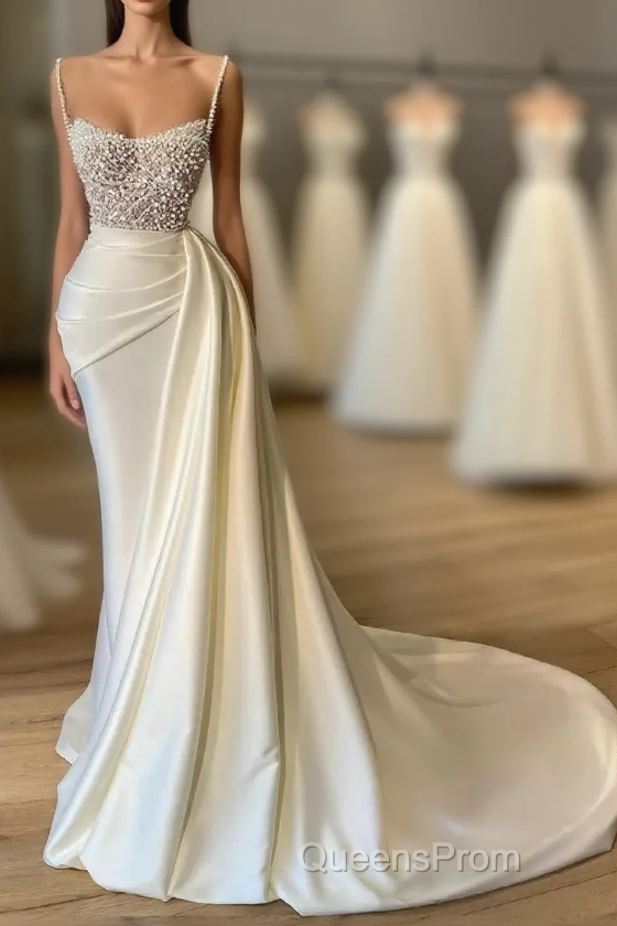 Amazing Long Mermaid Strapless Sequins Pearls Satin Formal Evening Prom Dress Main image