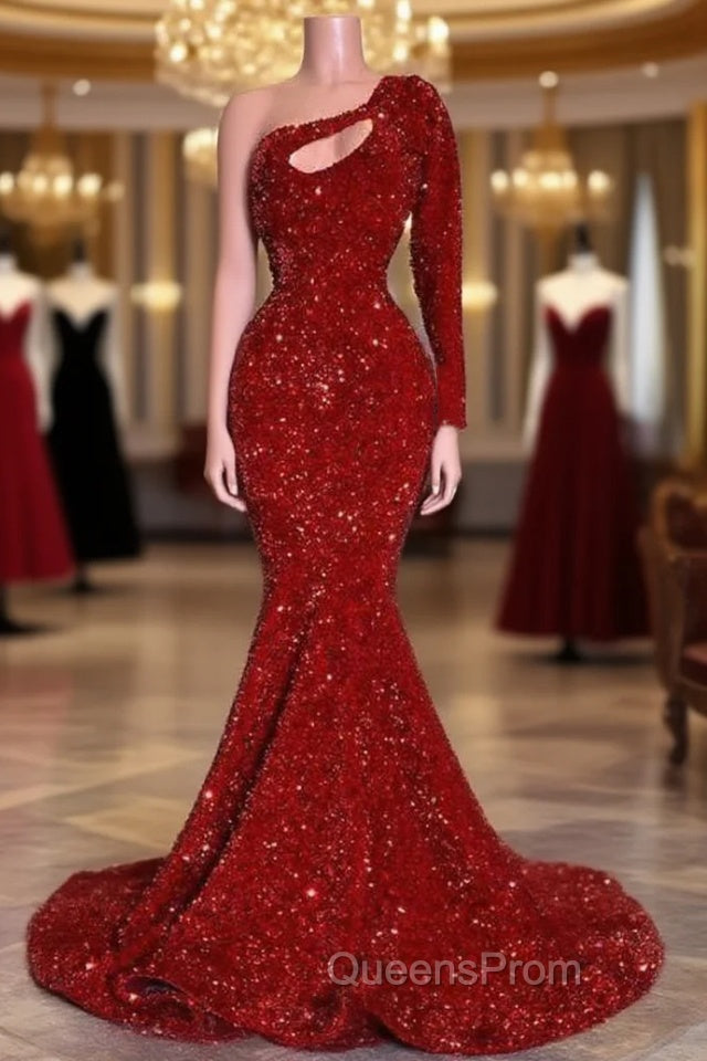 Amazing Red Long Sleeves Evening Prom Dress One-Shoulder Mermaid With Sequins Main image