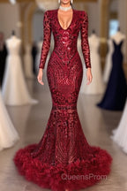 Amazing Sequins V-neck Long Sleeve Mermaid Evening Prom Dress