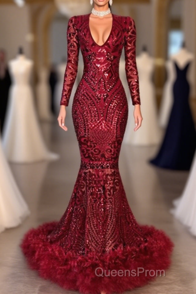 Amazing Sequins V-neck Long Sleeve Mermaid Evening Prom Dress