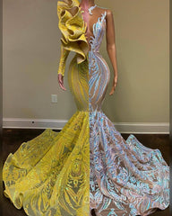 Amazing V-Neck One Shoulder Long Sleeve Long Mermaid Evening Prom Dress