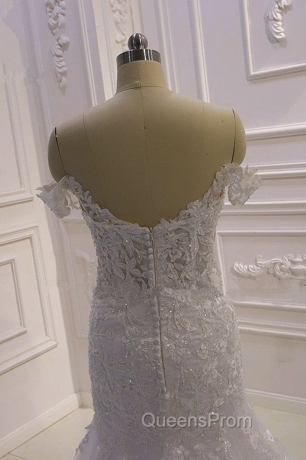 AmazingWhite 3D Lace applique Off the Shoulder Mermaid Bridal Gowns