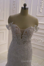 Amazing White 3D Lace applique Off the Shoulder Mermaid Bridal Gowns