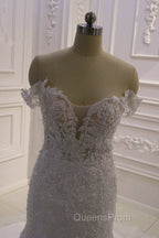 AmazingWhite 3D Lace applique Off the Shoulder Mermaid Bridal Gowns
