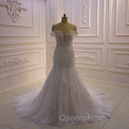 AmazingWhite 3D Lace applique Off the Shoulder Mermaid Bridal Gowns