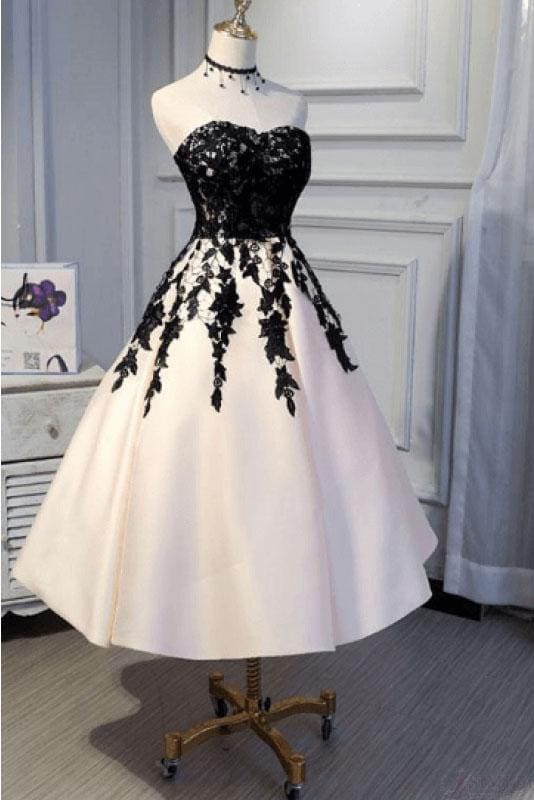 Ankle Length Strapless Classy Prom with Black Lace A Line Princess Homecoming Dress