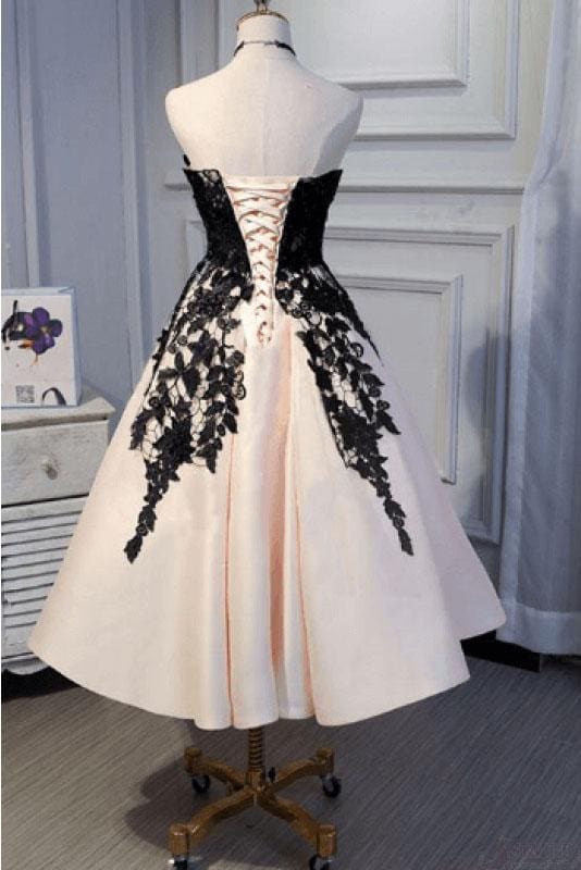 Ankle Length Strapless Classy Prom with Black Lace A Line Princess Homecoming Dress