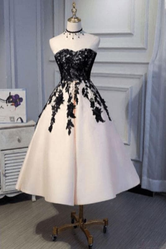 Ankle Length Strapless Classy Prom with Black Lace A Line Princess Homecoming Dress Main image