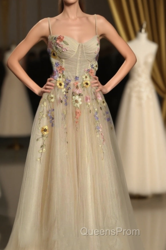 Ankle Length Tulle Straps Evening Prom Dress with Flowers, A Line Party Gown Main image