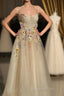 Ankle Length Tulle Straps Evening Prom Dress with Flowers, A Line Party Gown
