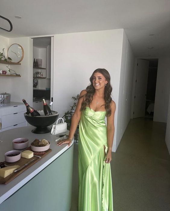 Apple Green Sleeveless Silk Satin Ruffles Classy Prom Classy Evening Dress