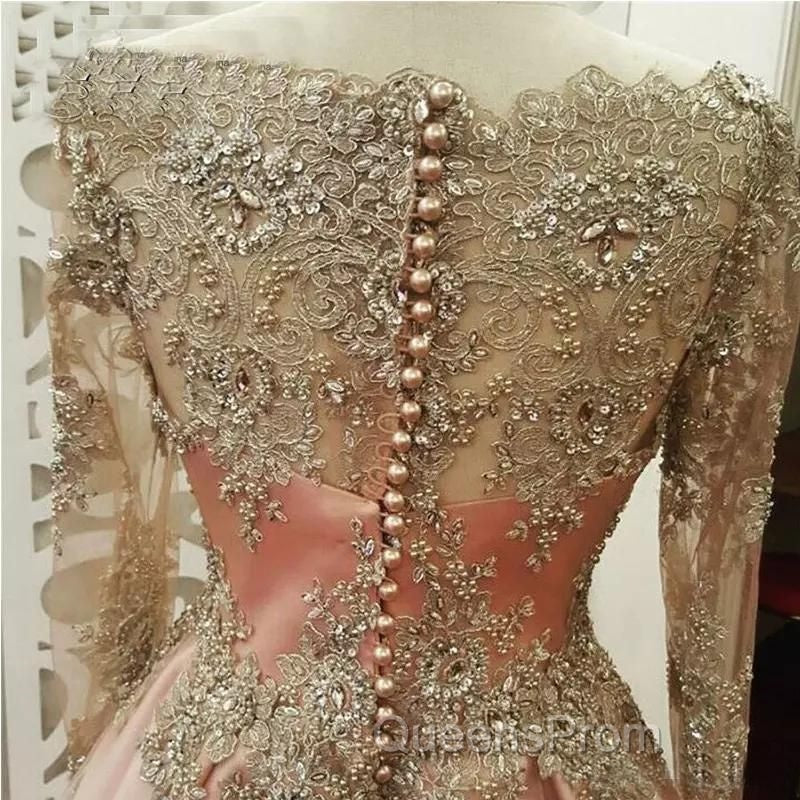 Applique Crystal Jewel Side slit Longsleeves Chic Evening Dress with Charming Beads