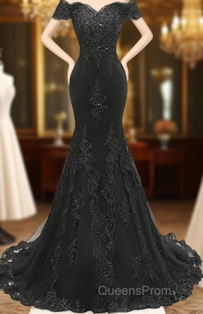 Applique Off The Shoulder Black Mermaid Long Evening Dress Main image