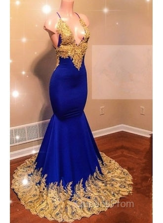 Appliques Spaghetti Sleeveless V-neck Mermaid Evening Prom Dress