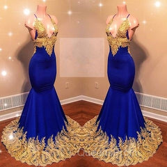 Appliques Spaghetti Sleeveless V-neck Mermaid Evening Prom Dress