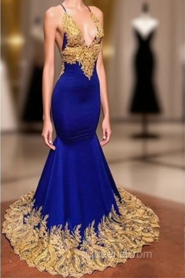 Appliques Spaghetti Sleeveless V-neck Mermaid Evening Prom Dress Main image