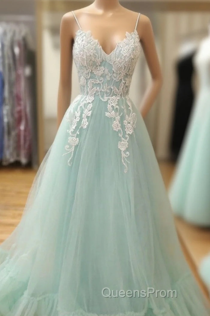 Appliques Spaghetti Straps Mint Green Tulle A Line Evening Prom Dress Main image