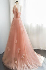 Appliques Straps Long Pink Tulle Flowers Evening Prom Dress