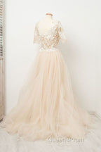 Appliques Tulle Lace Light Champagne Long Evening Prom Dress
