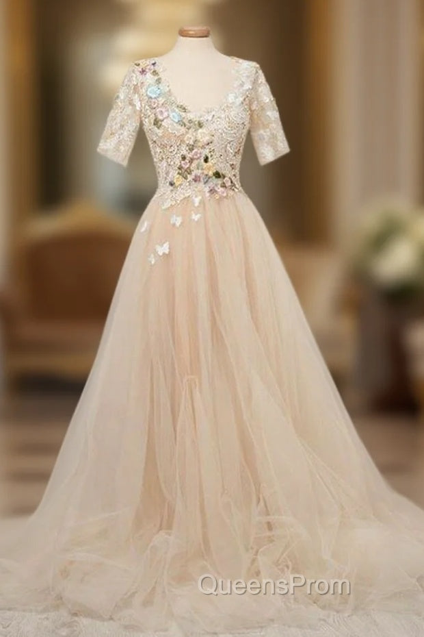 Appliques Tulle Lace Light Champagne Long Evening Prom Dress Main image