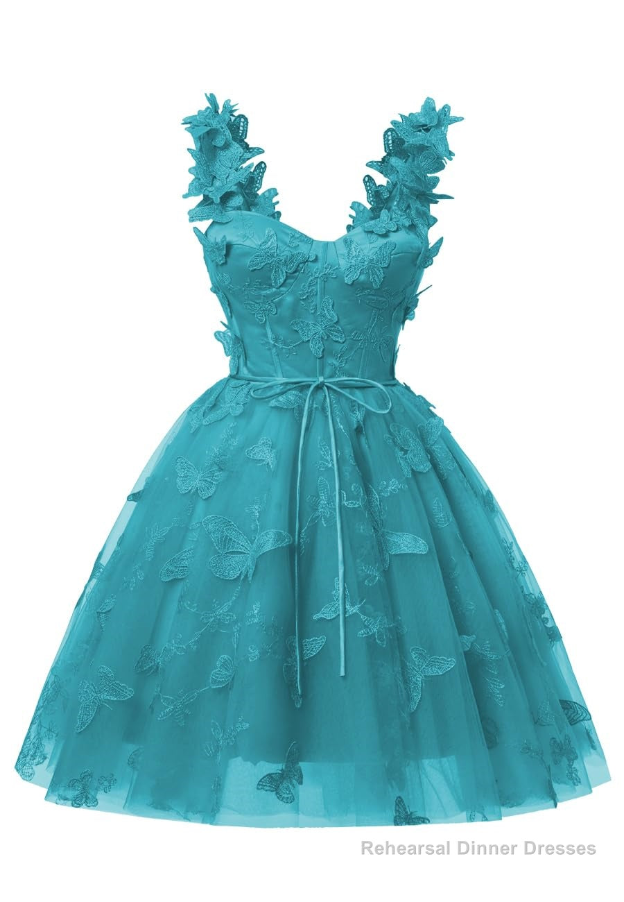 Aqua Blue 3D Butterfly Lace Applique Tulle Homecoming Dress for Teens Sweetheart Mini Short Prom Dresses Secondary image