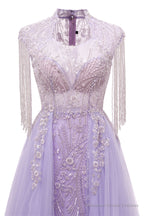 Arabic Purple Elegant A Line Beaded Tassel Luxury Dubai Evening Dresses Gowns For Women