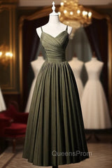 Army Green Satin Spaghetti Straps Pleats Evening Prom Dress