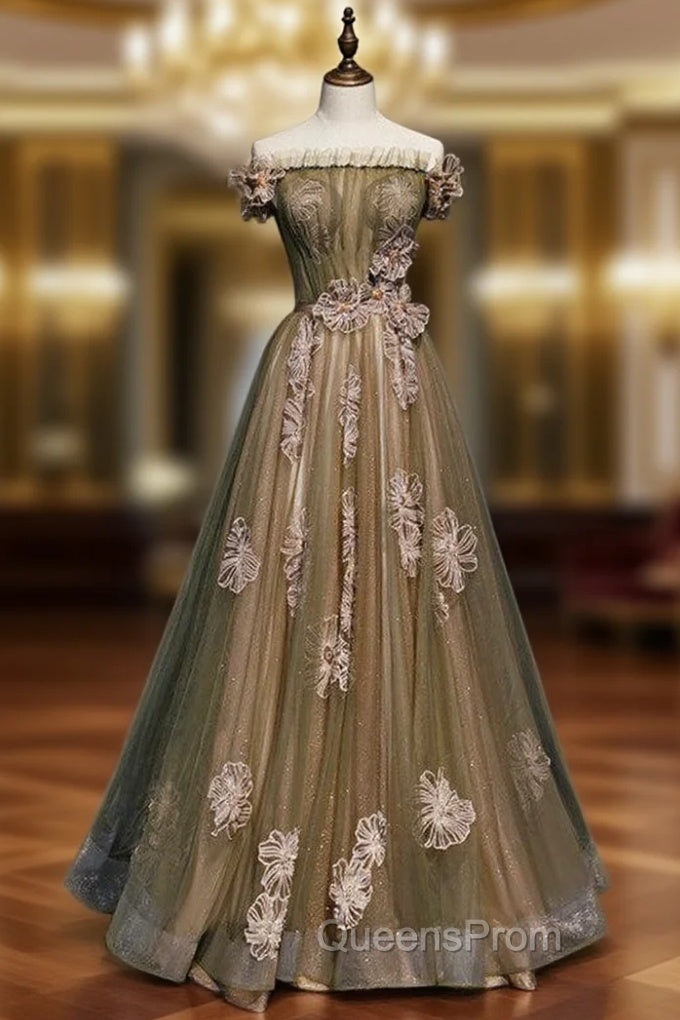 Army Green Tulle Off the Shoulder Evening Prom Dress