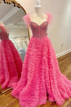 A Line Off the Shoulder Tiered Tulle Prom Dress With Slit