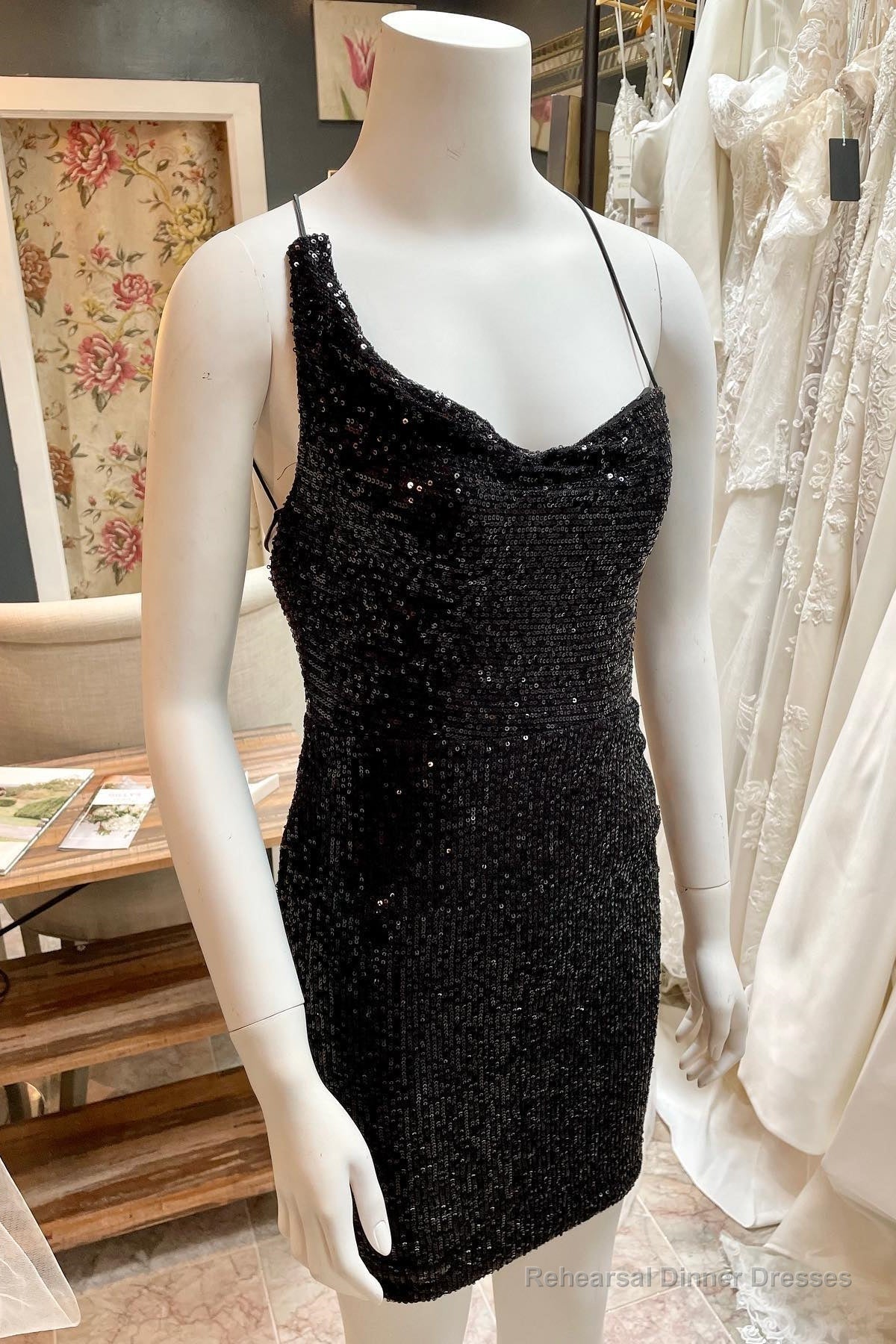 Asymmetrical Black Sequin Lace Up Short Homecoming Dress,Cocktail Dresses Short Formal Main image
