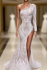 Asymmetrical Mermaid High Split One Shoulder Floor-length Long Sleeve Appliques Lace Evening Prom Dress