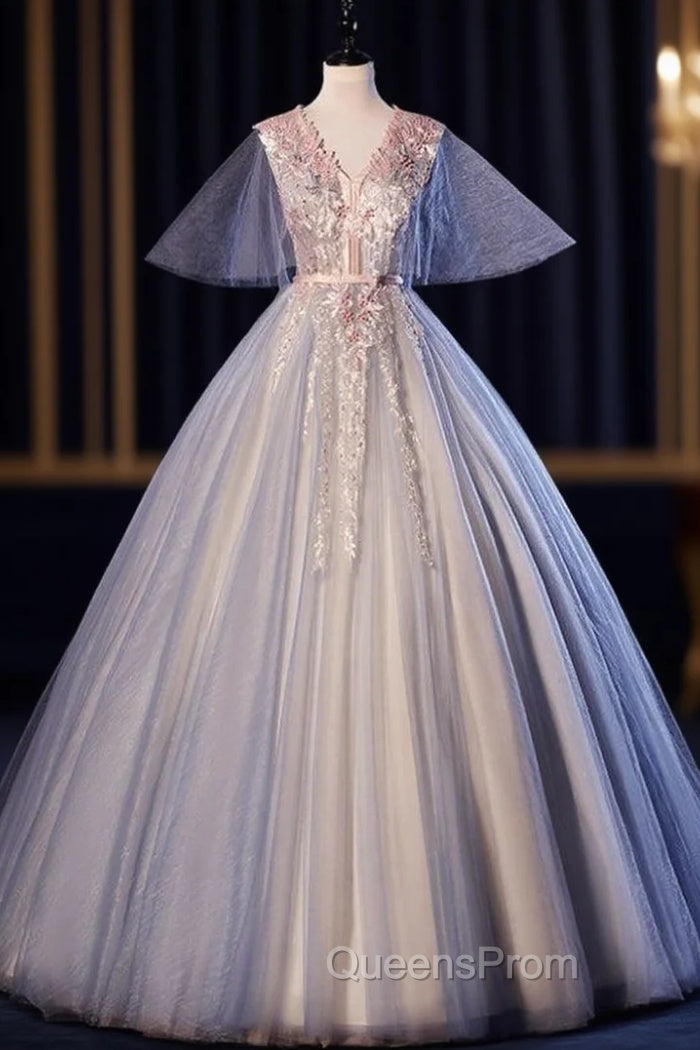At Great Prices Blue Ball Gown Tulle Appliques V-neck Pearls Quinceanera Dress Main image