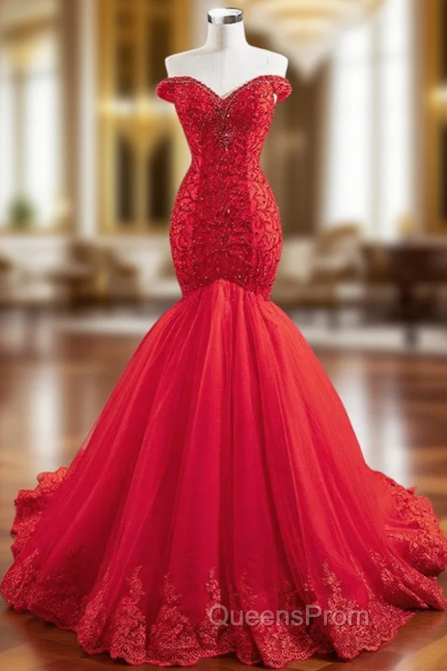 At Great Prices Red Mermaid Tulle Off the Shoulder Handwork Evening Prom Dress