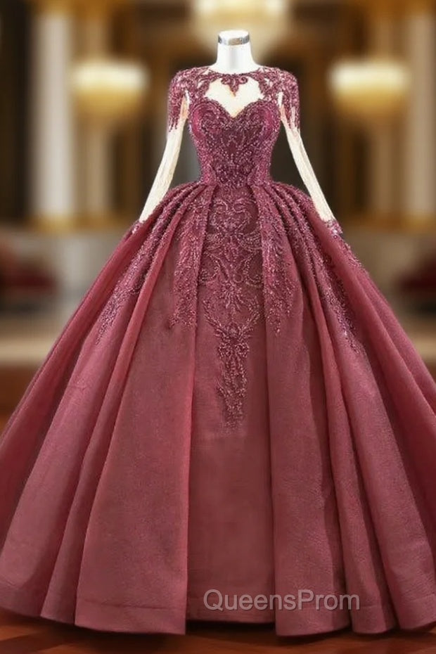 At Incredible Price Burgundy Ball Gown Organza Beading Long Sleeve Evening Prom Dress