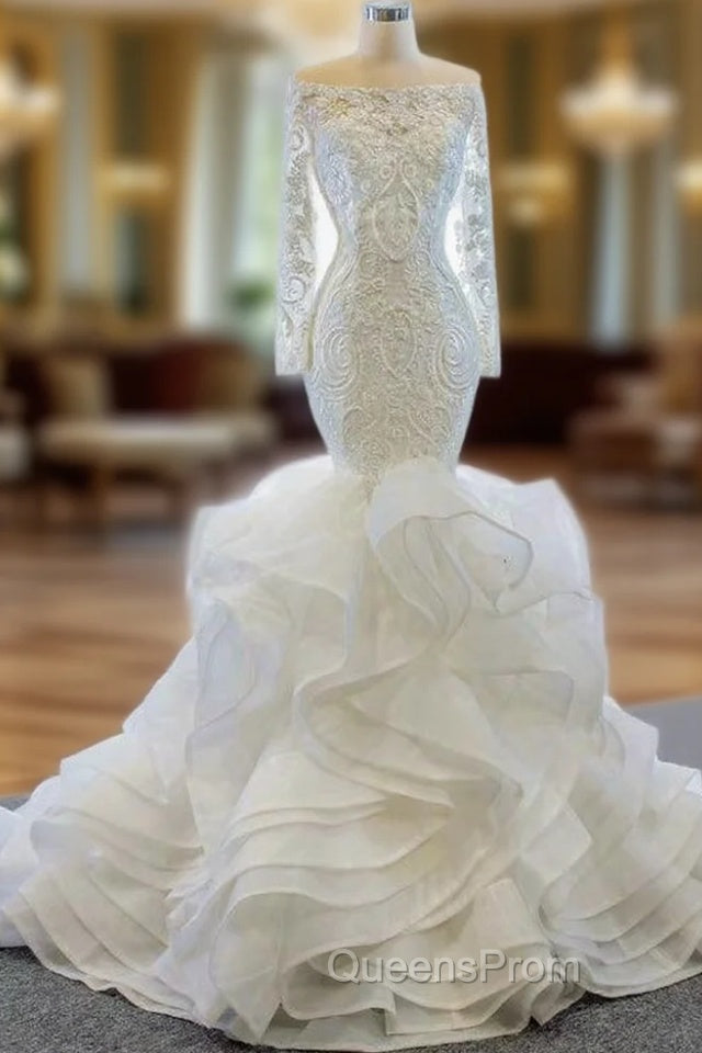 At Incredible Price White Mermaid Tulle Off the Shoulder Long Sleeve Wedding Dress