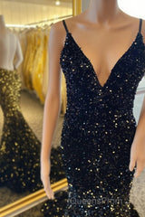 Open Back Sequin Mermaid V Neck Long Evening Prom Dress