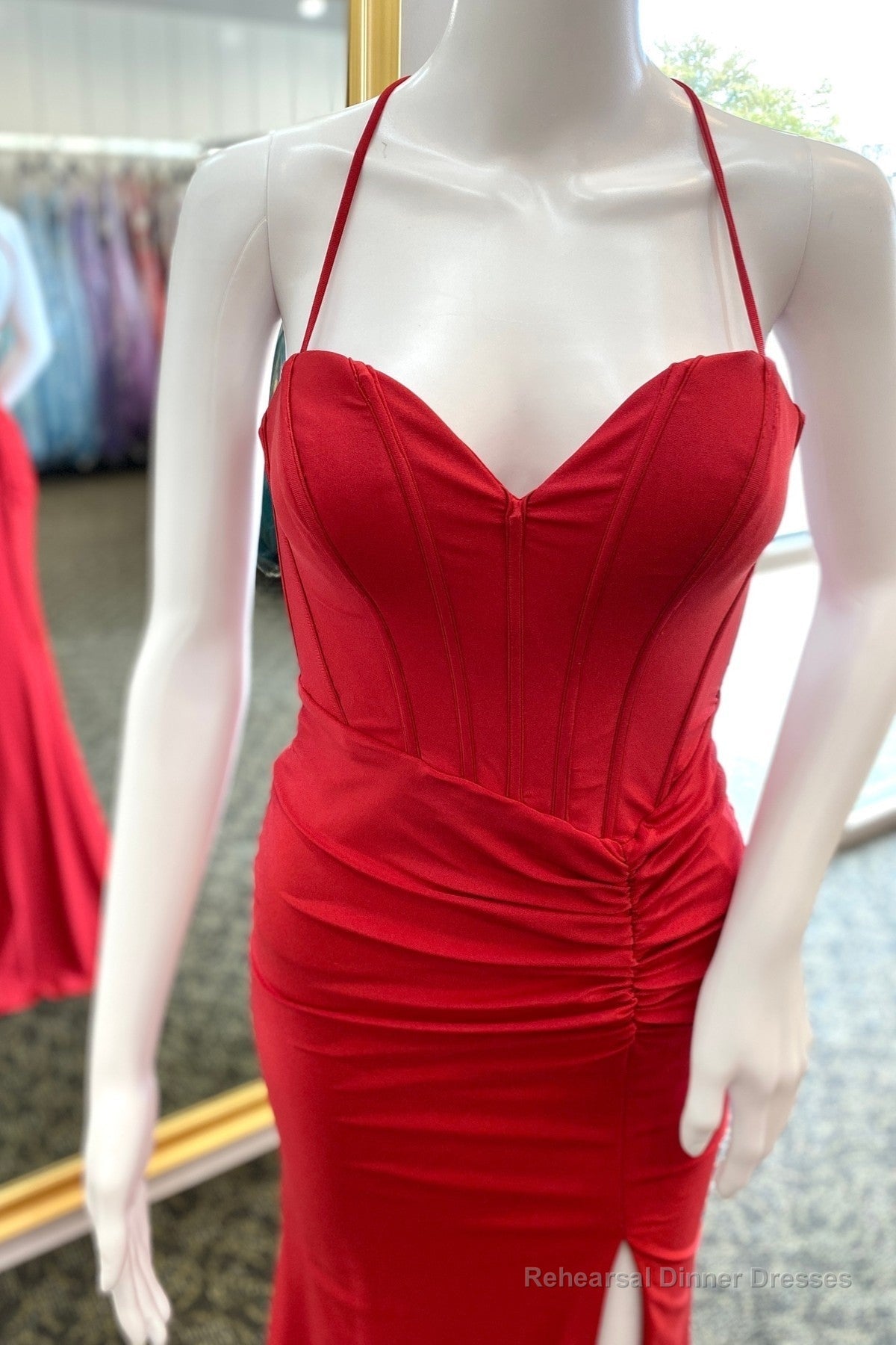 Red Mermaid Satin Pleated Lace-Up Long Prom Dress with Slit Main image
